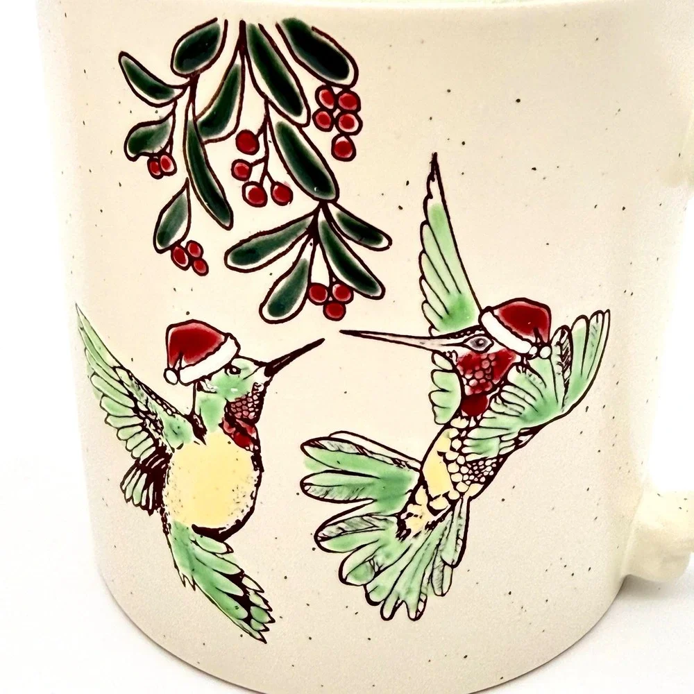 Eli + Ana Christmas Hummingbird Mugs Speckled Ceramic Set of 2 Green‎ Rim 2022